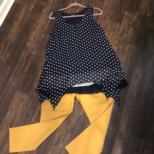 Navy and white polka dot long tank